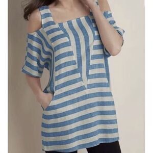 Soft Surroundings Women's Large Sunset Linen Blend Cold Shoulder Striped Tunic